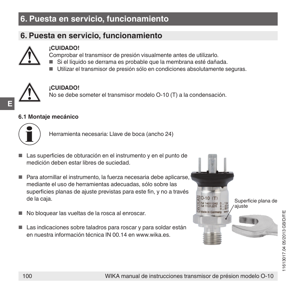 Puesta en servicio, funcionamiento | WIKA O-10 User Manual | Page 100 / 108