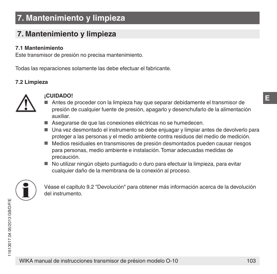 Mantenimiento y limpieza | WIKA O-10 User Manual | Page 103 / 108