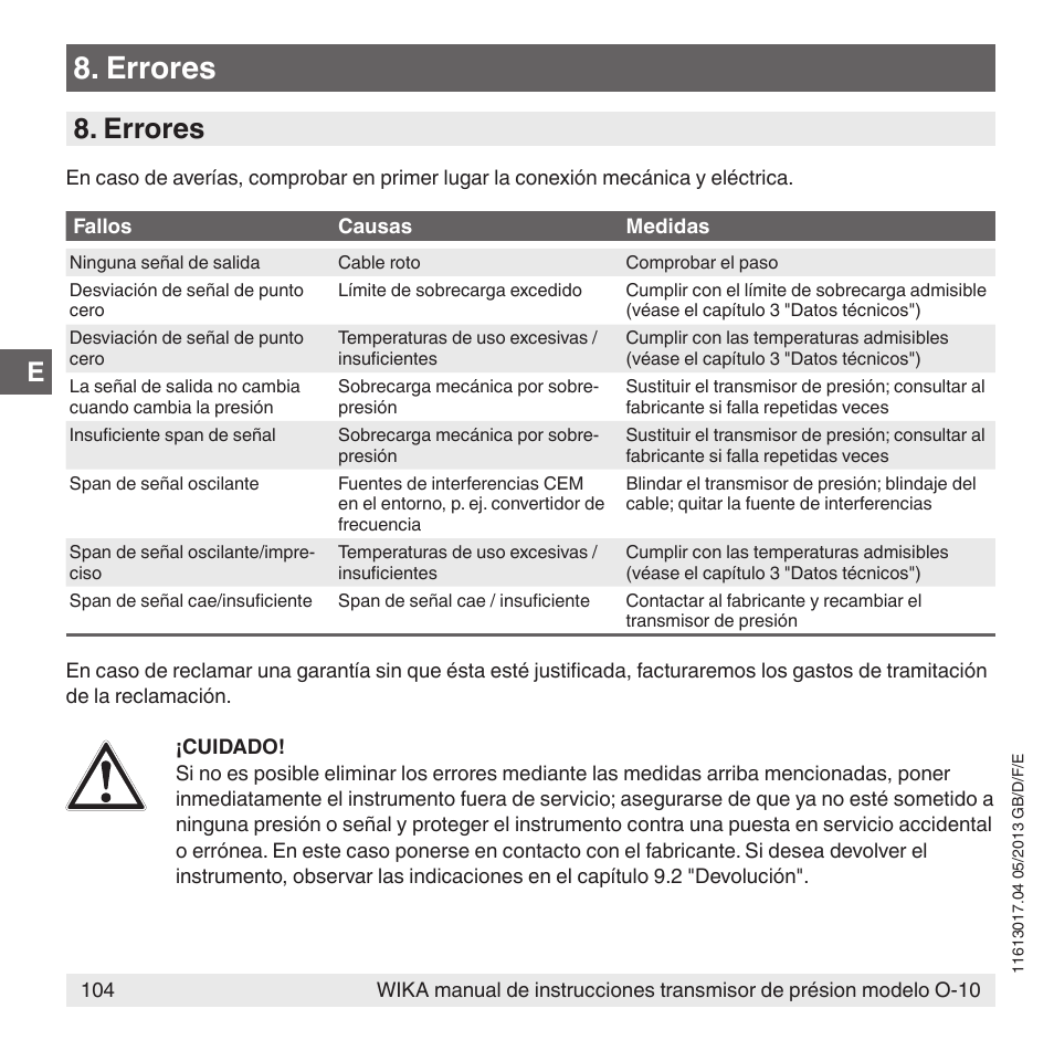 Errores | WIKA O-10 User Manual | Page 104 / 108