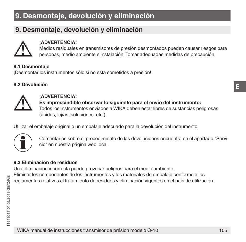 Desmontaje, devolución y eliminación | WIKA O-10 User Manual | Page 105 / 108