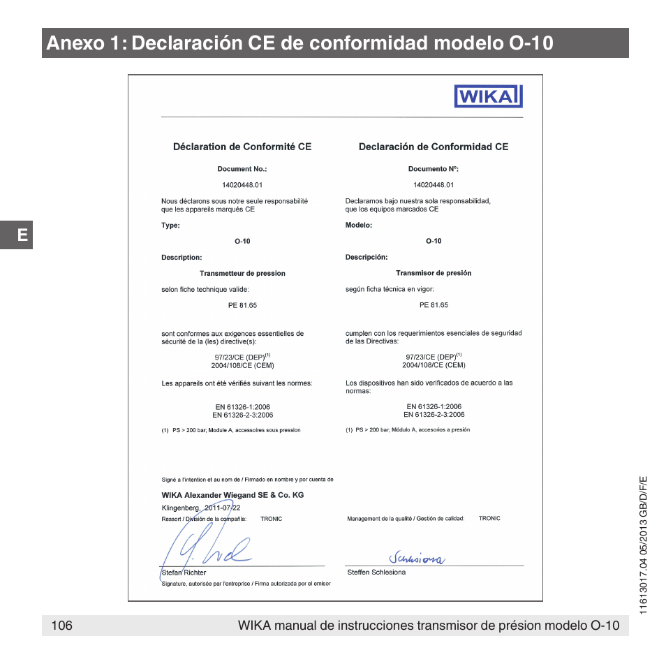Anexo 1: declaración ce de conformidad modelo o-10 | WIKA O-10 User Manual | Page 106 / 108