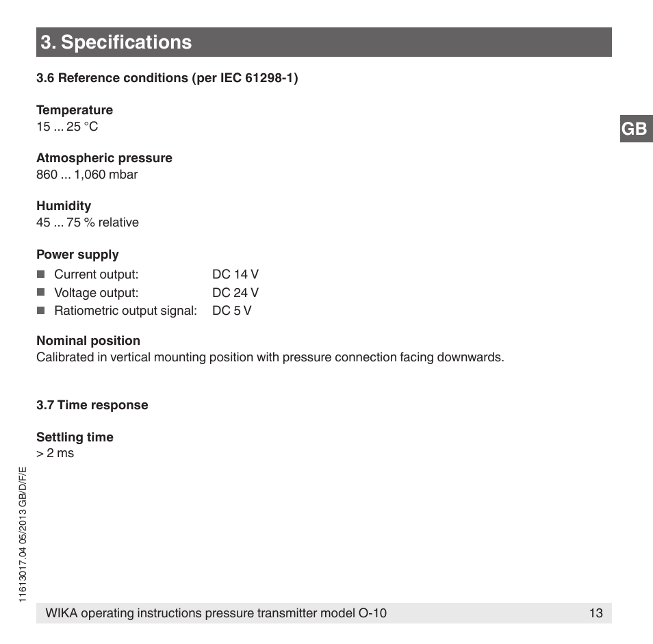 Specifications | WIKA O-10 User Manual | Page 13 / 108