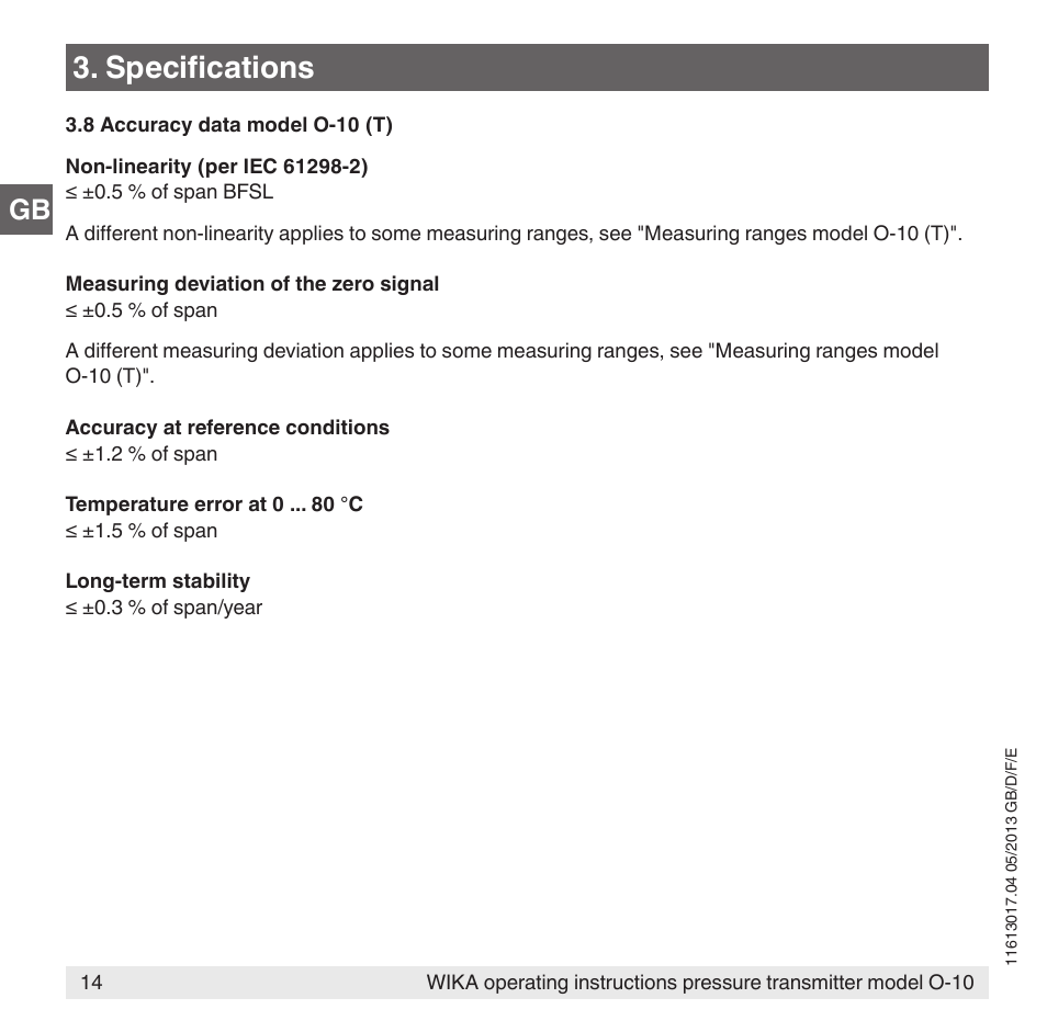 Specifications | WIKA O-10 User Manual | Page 14 / 108