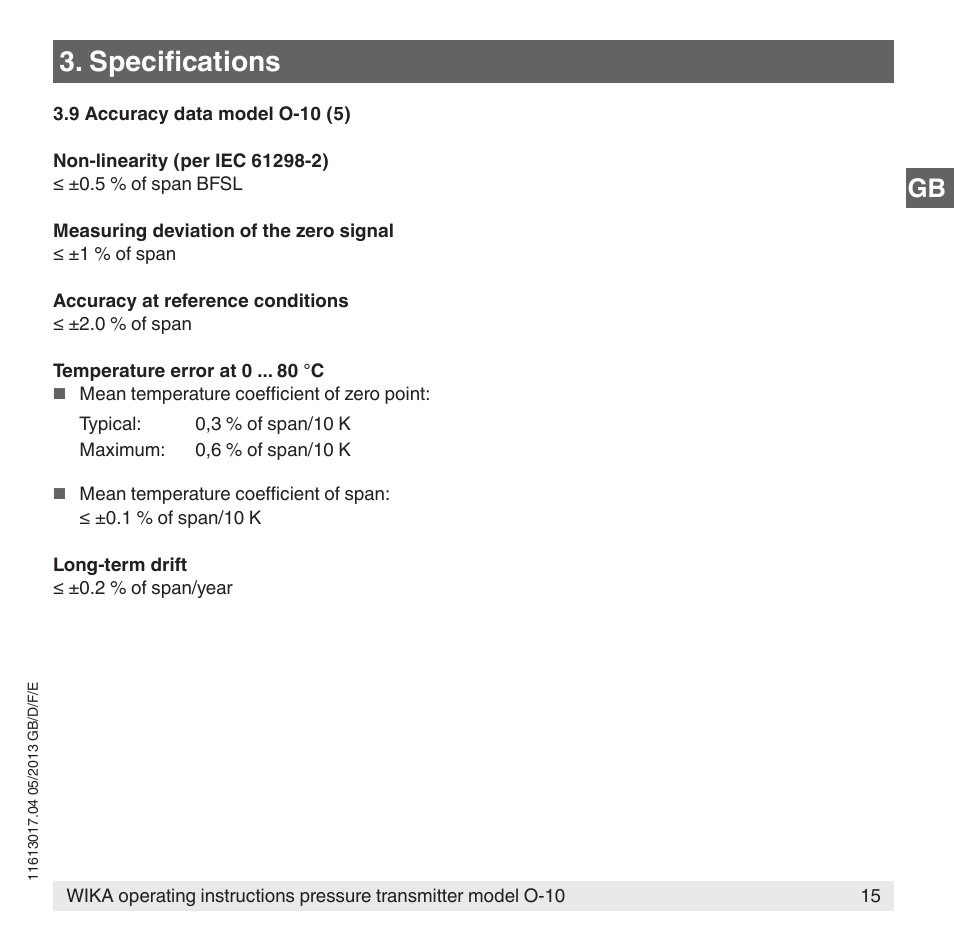 Specifications | WIKA O-10 User Manual | Page 15 / 108