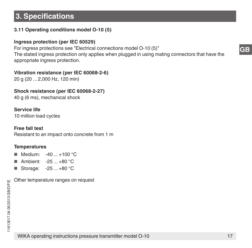 Specifications | WIKA O-10 User Manual | Page 17 / 108