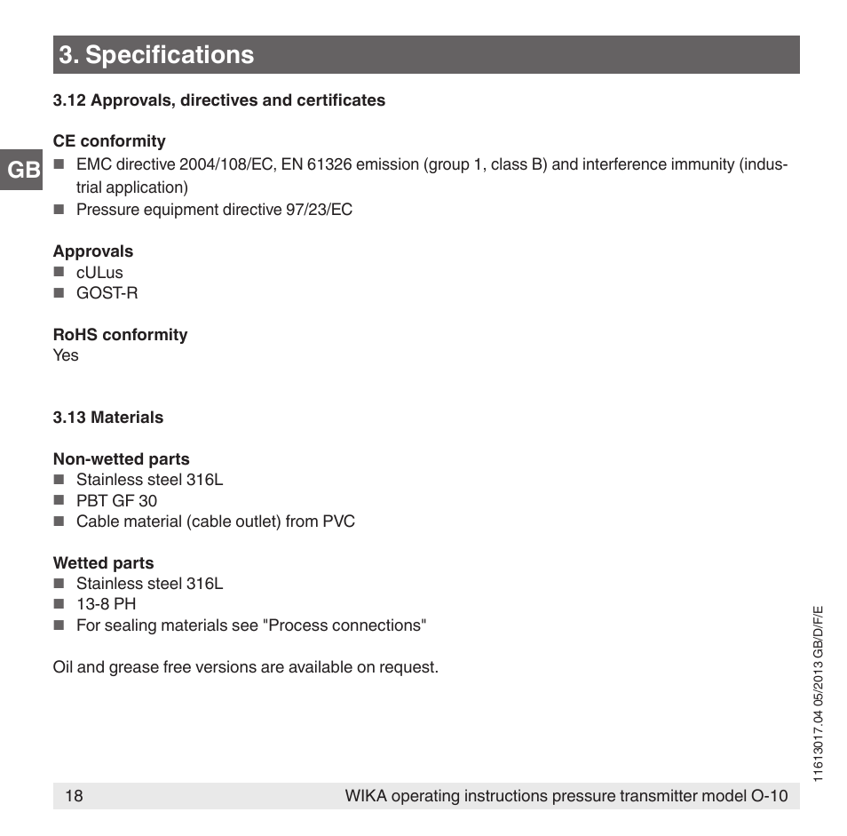 Specifications | WIKA O-10 User Manual | Page 18 / 108