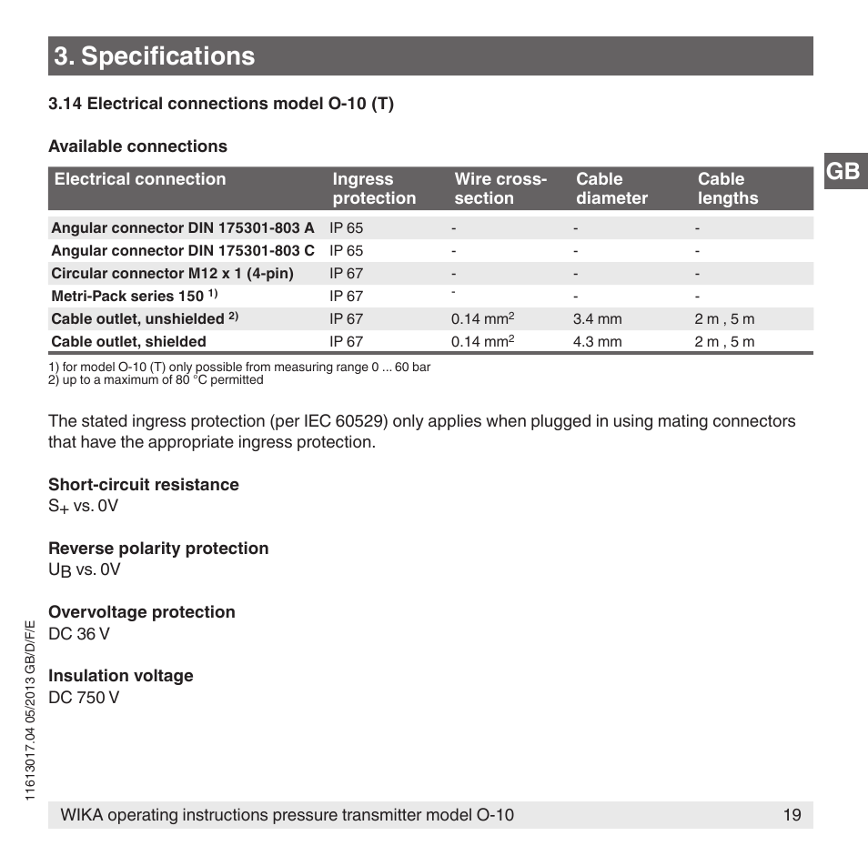 Specifications | WIKA O-10 User Manual | Page 19 / 108