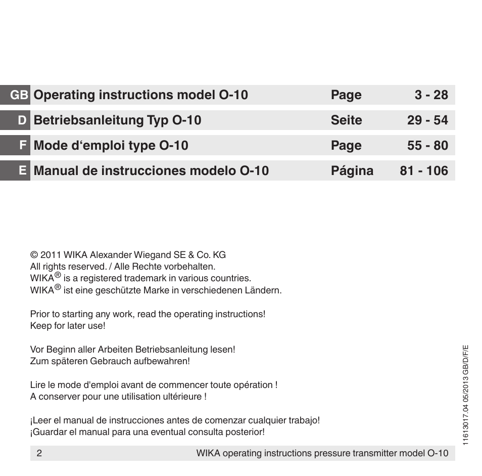 WIKA O-10 User Manual | Page 2 / 108