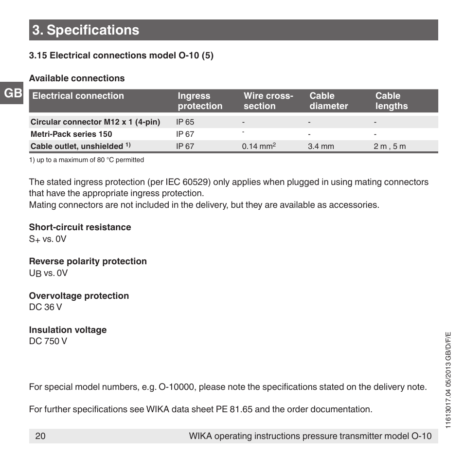 Specifications | WIKA O-10 User Manual | Page 20 / 108