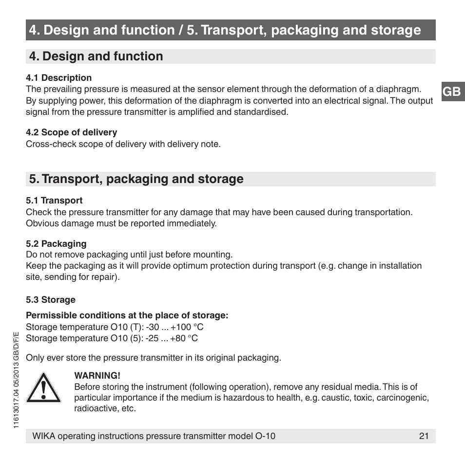 Design and function, Transport, packaging and storage | WIKA O-10 User Manual | Page 21 / 108