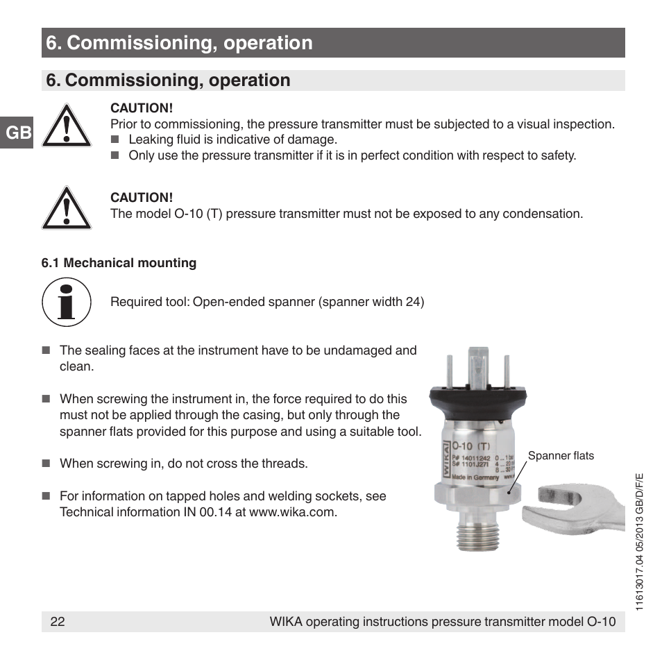 Commissioning, operation | WIKA O-10 User Manual | Page 22 / 108