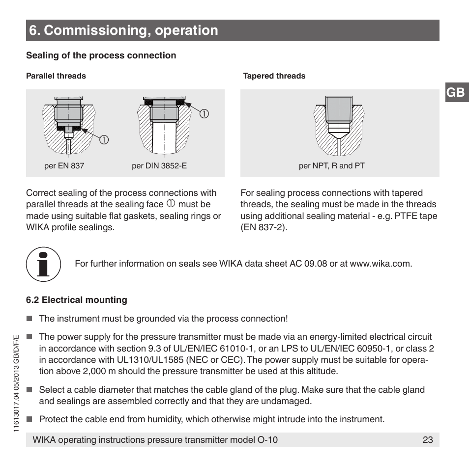 Commissioning, operation | WIKA O-10 User Manual | Page 23 / 108