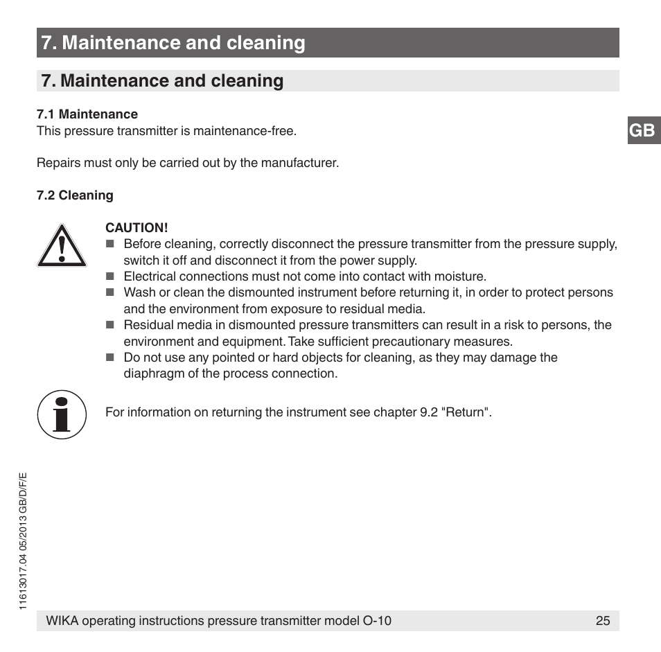 Maintenance and cleaning | WIKA O-10 User Manual | Page 25 / 108