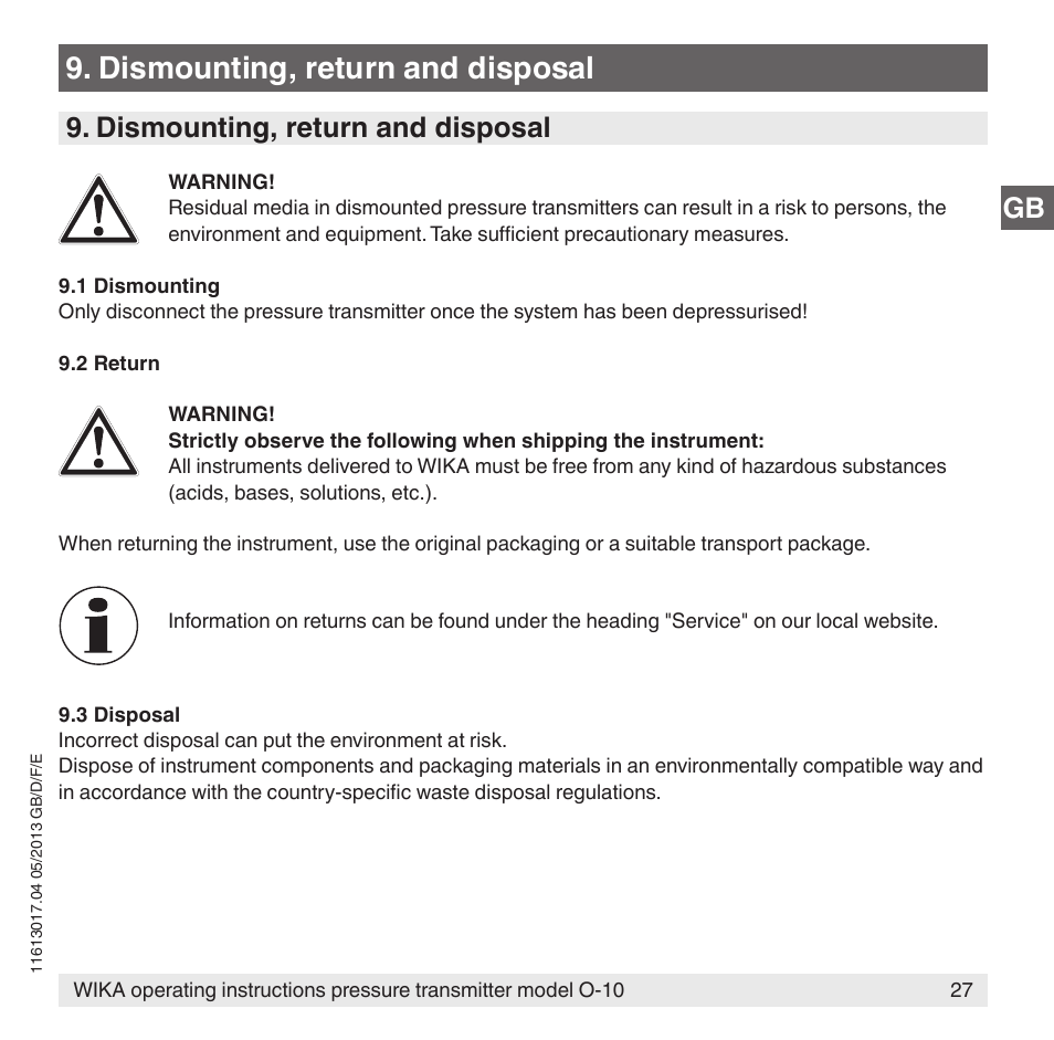 Dismounting, return and disposal | WIKA O-10 User Manual | Page 27 / 108