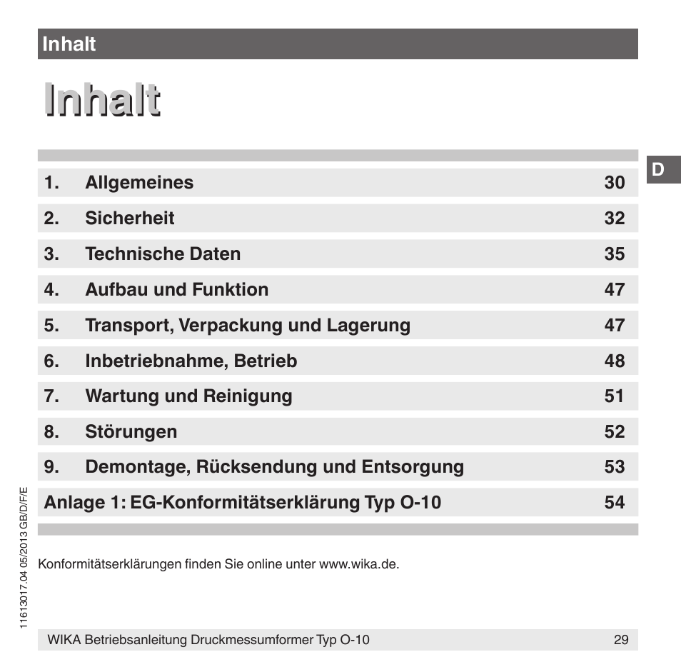 Inhalt | WIKA O-10 User Manual | Page 29 / 108
