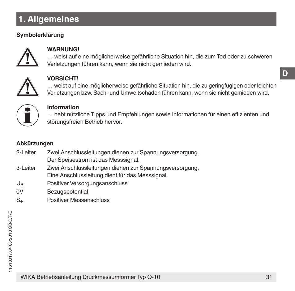 Allgemeines | WIKA O-10 User Manual | Page 31 / 108