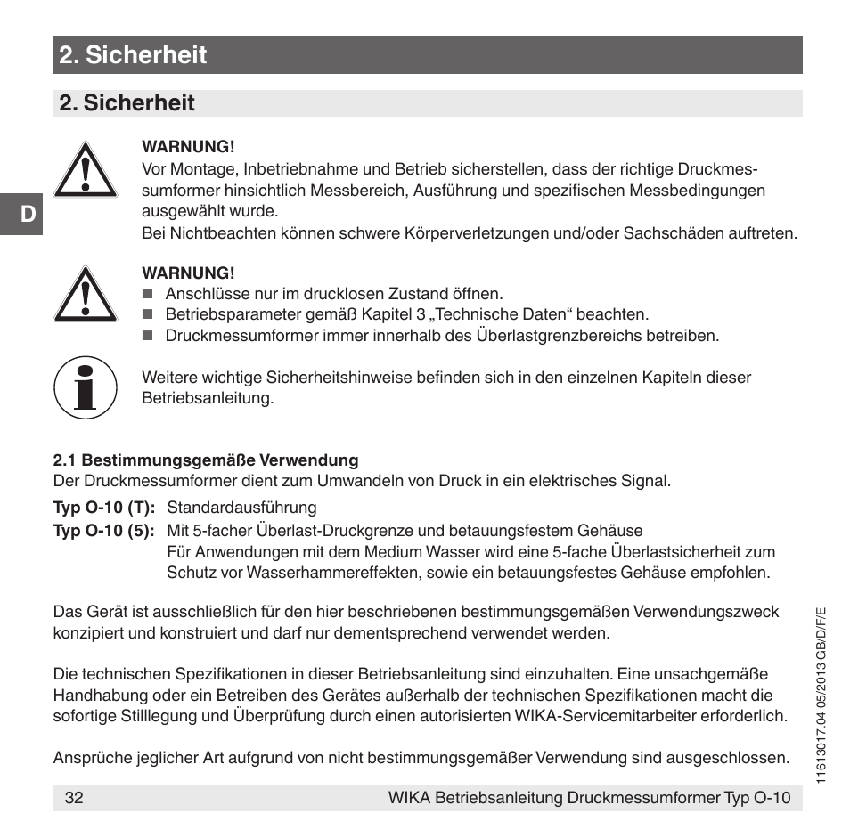 Sicherheit | WIKA O-10 User Manual | Page 32 / 108