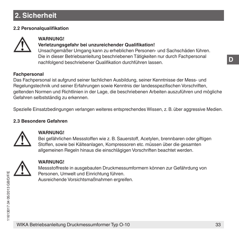 Sicherheit | WIKA O-10 User Manual | Page 33 / 108