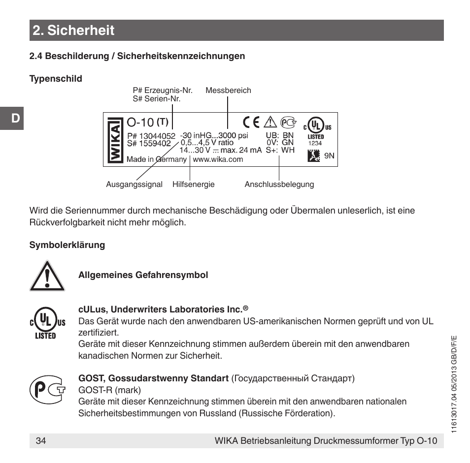 Sicherheit | WIKA O-10 User Manual | Page 34 / 108