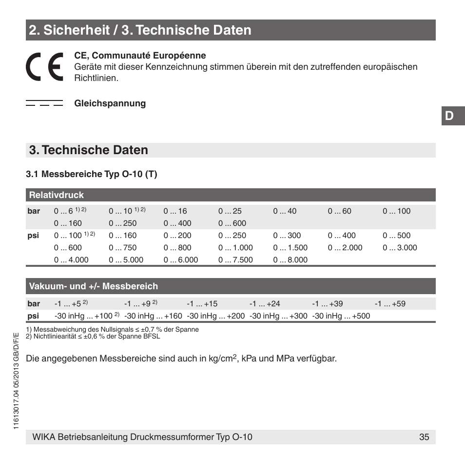 Sicherheit / 3. technische daten, Technische daten | WIKA O-10 User Manual | Page 35 / 108