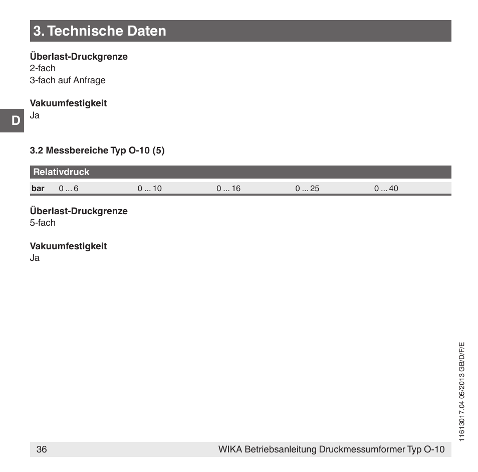 Technische daten | WIKA O-10 User Manual | Page 36 / 108