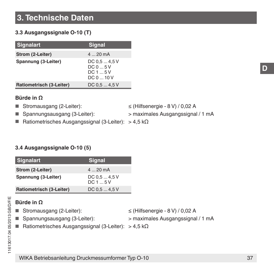 Technische daten | WIKA O-10 User Manual | Page 37 / 108