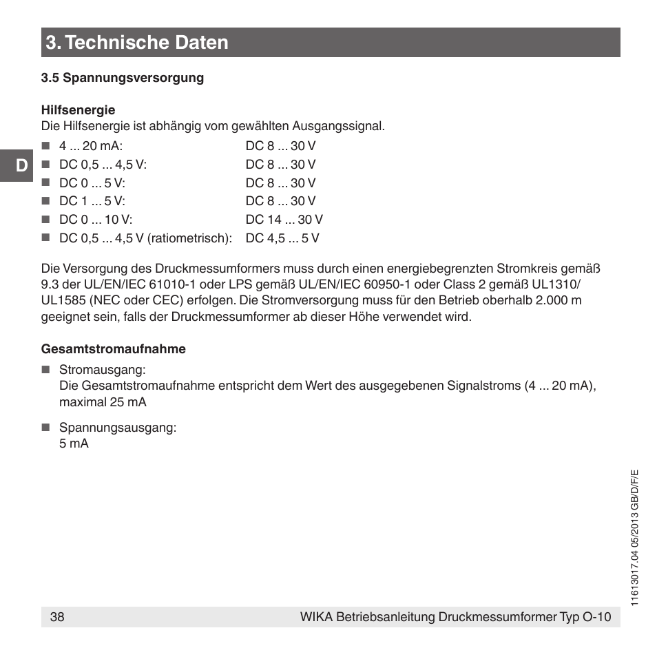 Technische daten | WIKA O-10 User Manual | Page 38 / 108