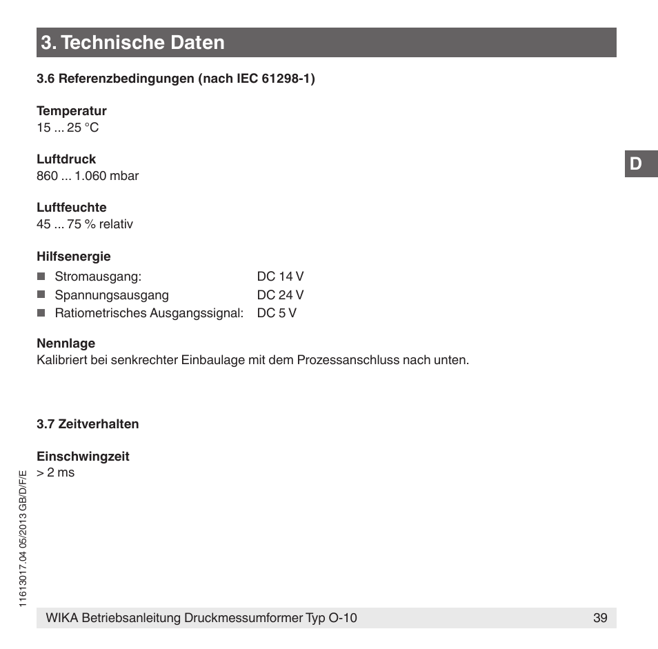 Technische daten | WIKA O-10 User Manual | Page 39 / 108