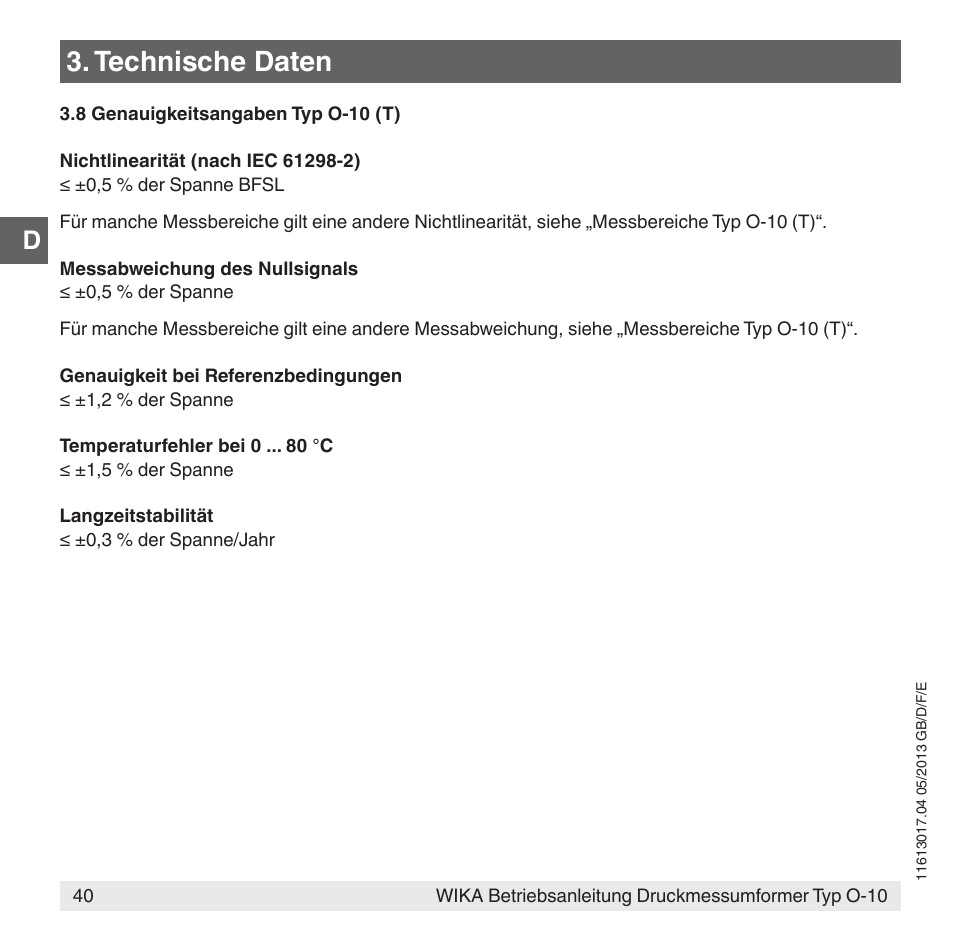 Technische daten | WIKA O-10 User Manual | Page 40 / 108