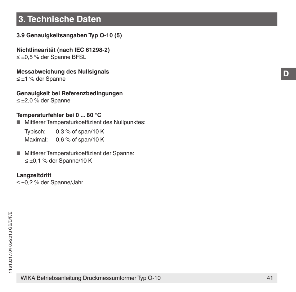 Technische daten | WIKA O-10 User Manual | Page 41 / 108