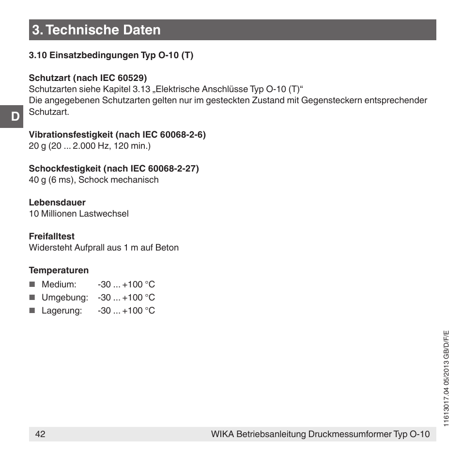Technische daten | WIKA O-10 User Manual | Page 42 / 108