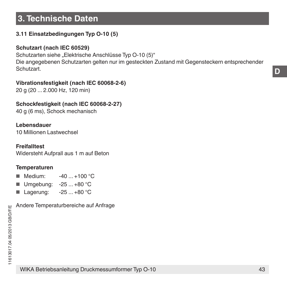 Technische daten | WIKA O-10 User Manual | Page 43 / 108