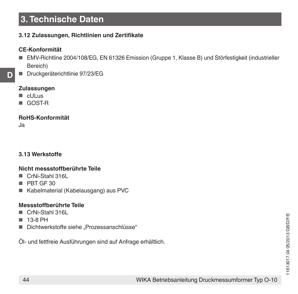 Technische daten | WIKA O-10 User Manual | Page 44 / 108