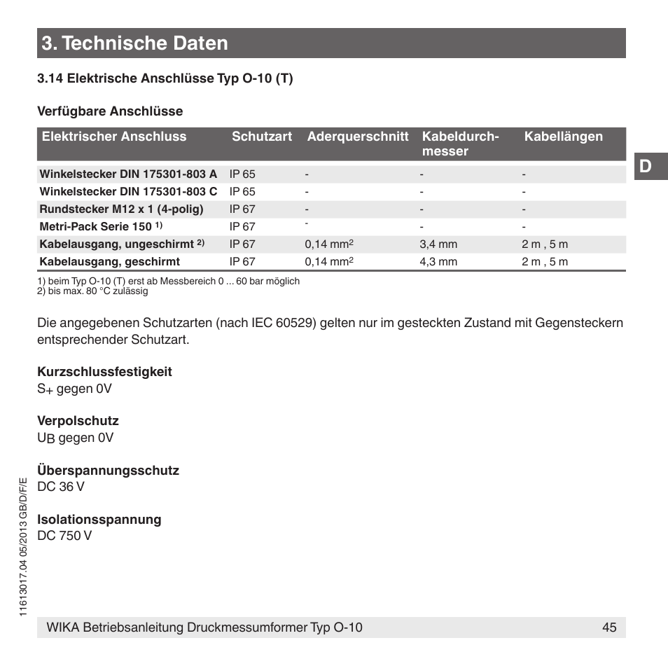 Technische daten | WIKA O-10 User Manual | Page 45 / 108