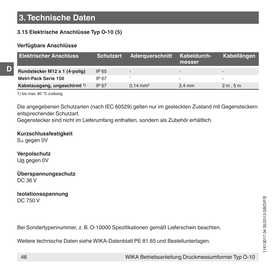 Technische daten | WIKA O-10 User Manual | Page 46 / 108