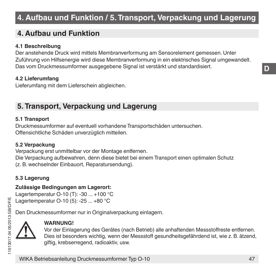 Aufbau und funktion, Transport, verpackung und lagerung | WIKA O-10 User Manual | Page 47 / 108