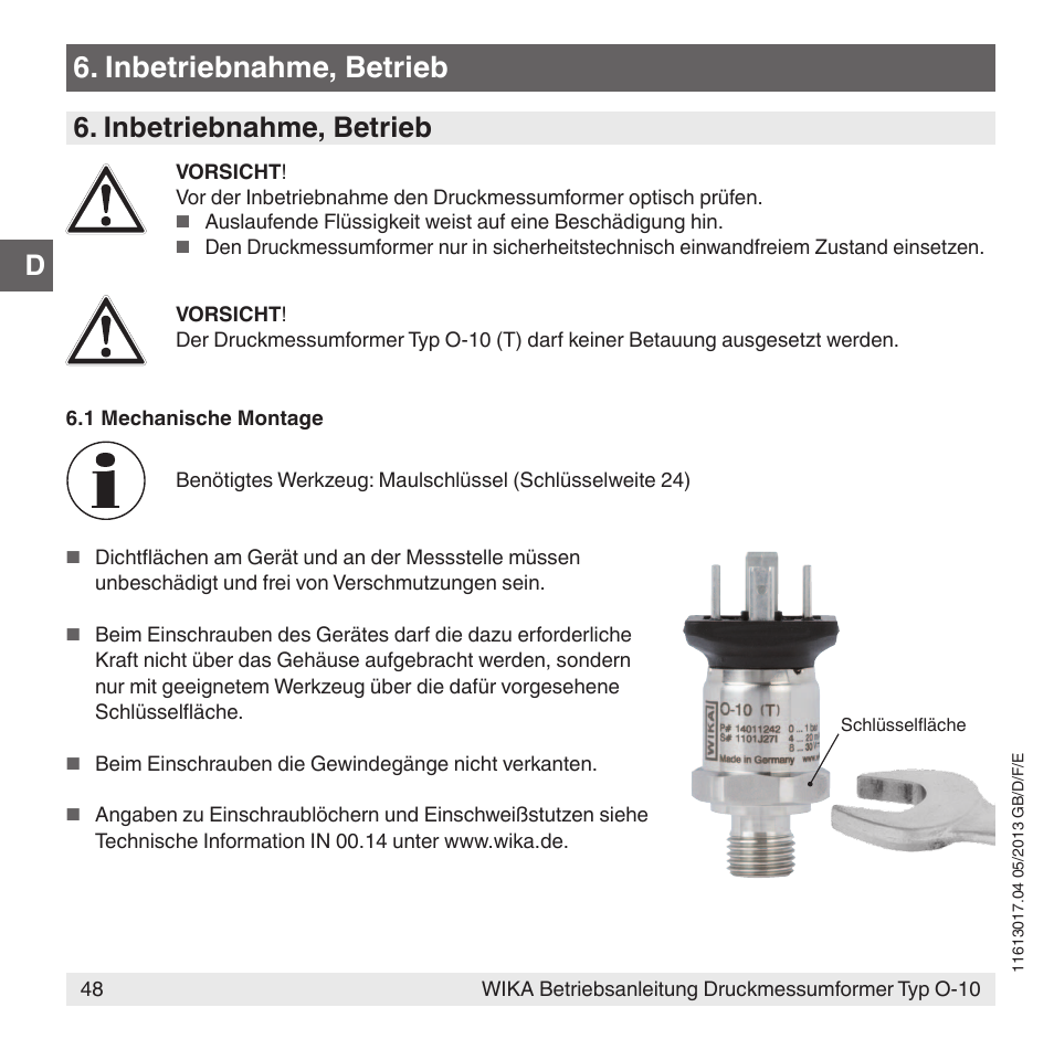 Inbetriebnahme, betrieb | WIKA O-10 User Manual | Page 48 / 108