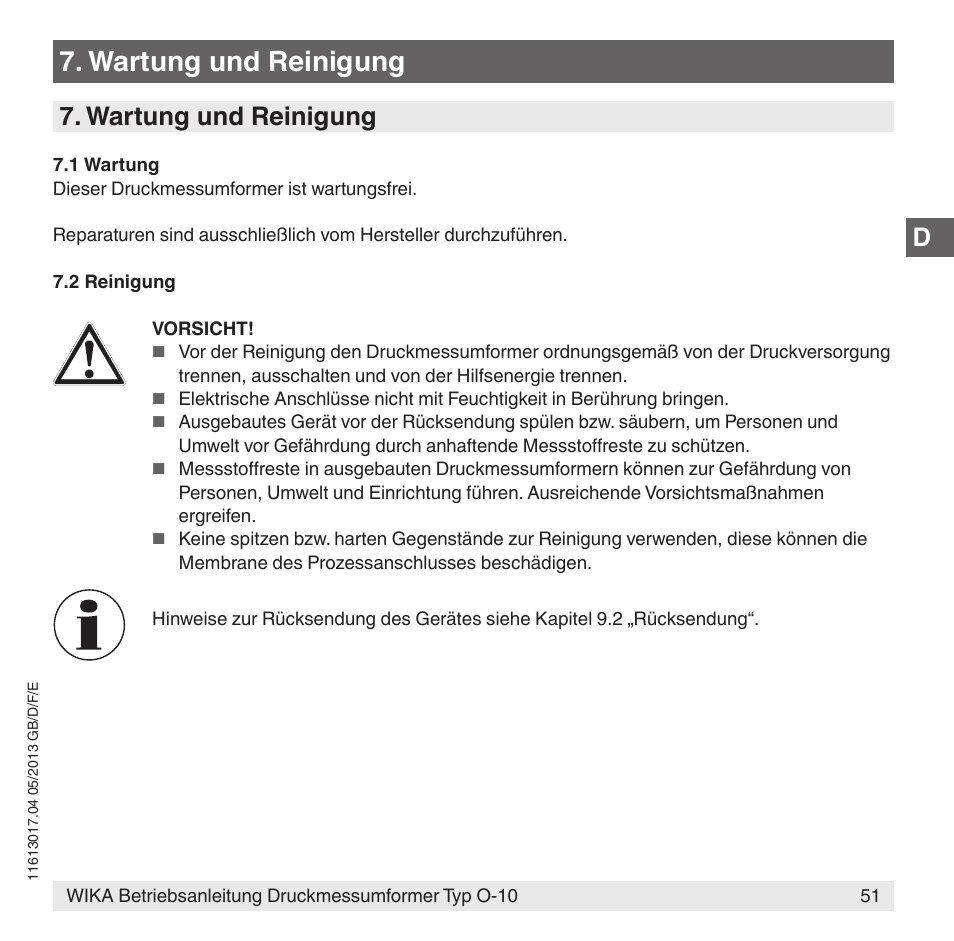 Wartung und reinigung | WIKA O-10 User Manual | Page 51 / 108