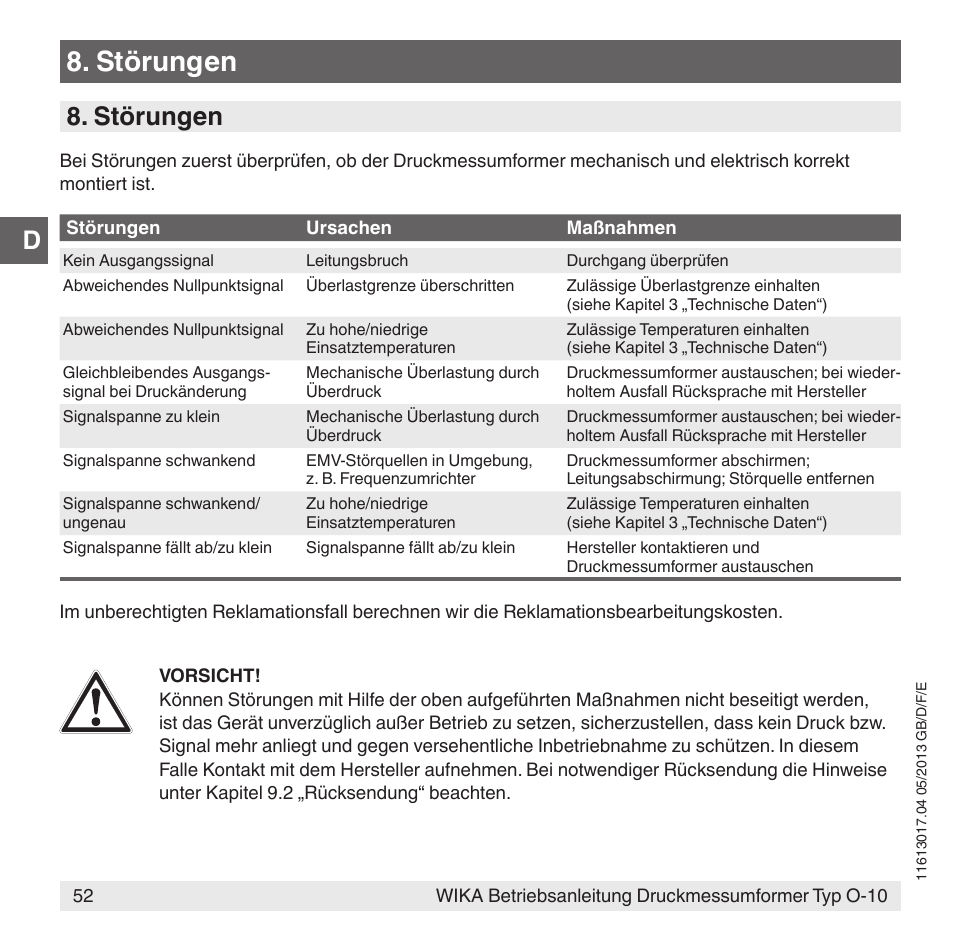 Störungen | WIKA O-10 User Manual | Page 52 / 108