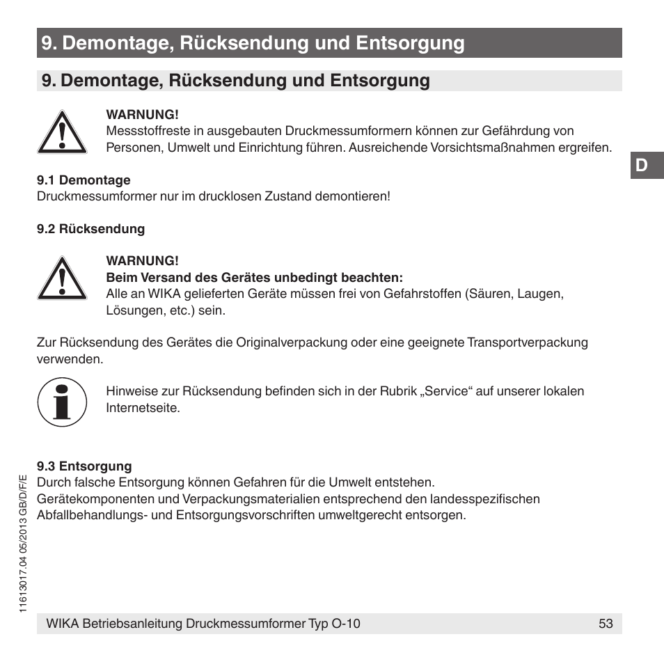 Demontage, rücksendung und entsorgung | WIKA O-10 User Manual | Page 53 / 108