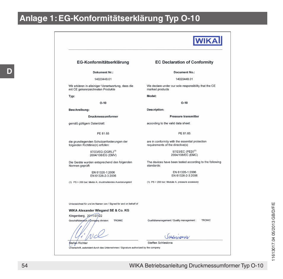 Anlage 1: eg-konformitätserklärung typ o-10 | WIKA O-10 User Manual | Page 54 / 108