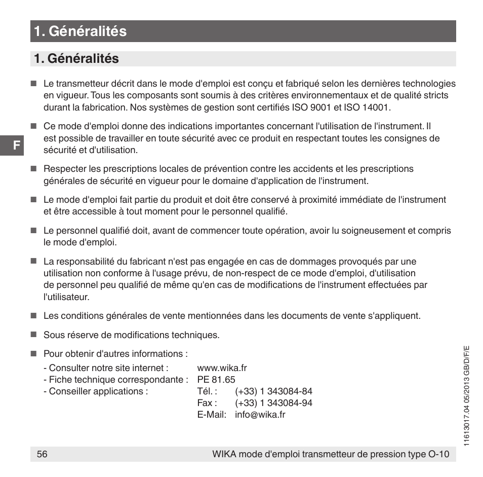 Généralités | WIKA O-10 User Manual | Page 56 / 108