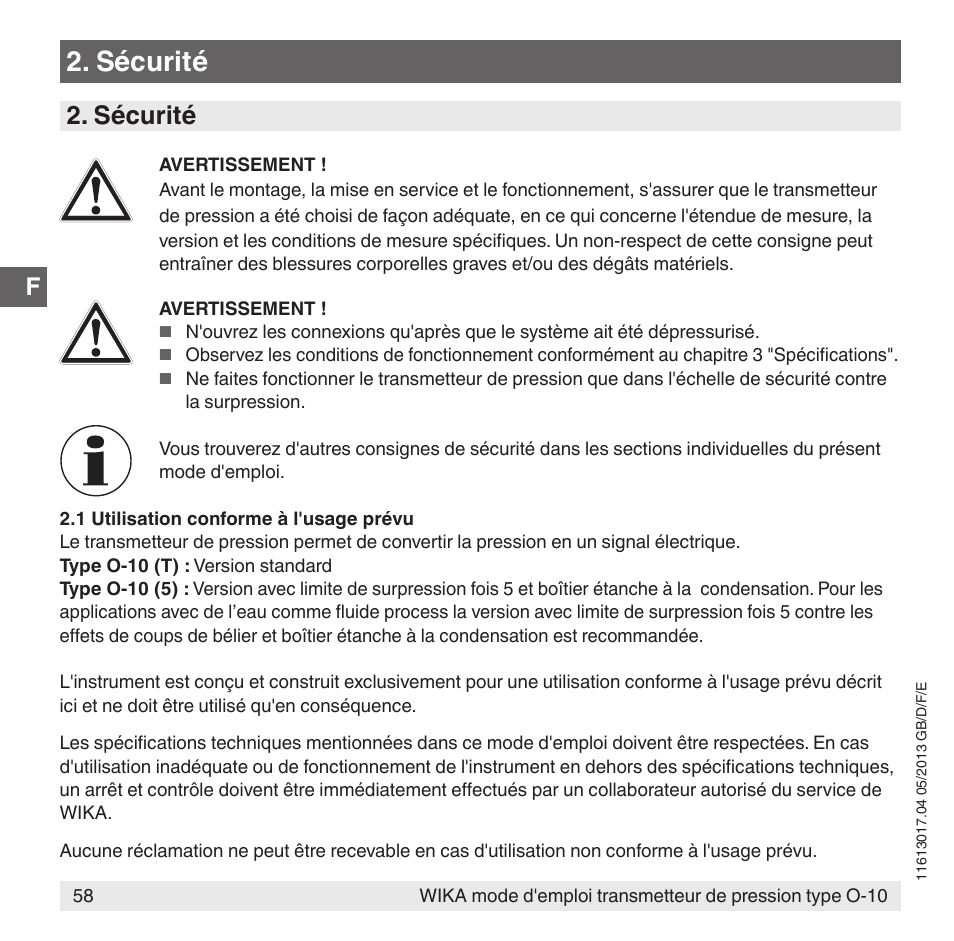 Sécurité | WIKA O-10 User Manual | Page 58 / 108