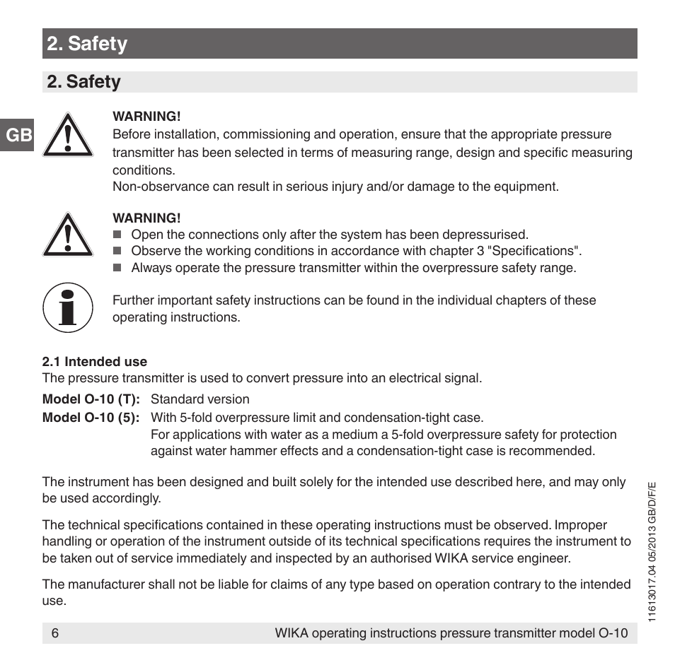 Safety | WIKA O-10 User Manual | Page 6 / 108