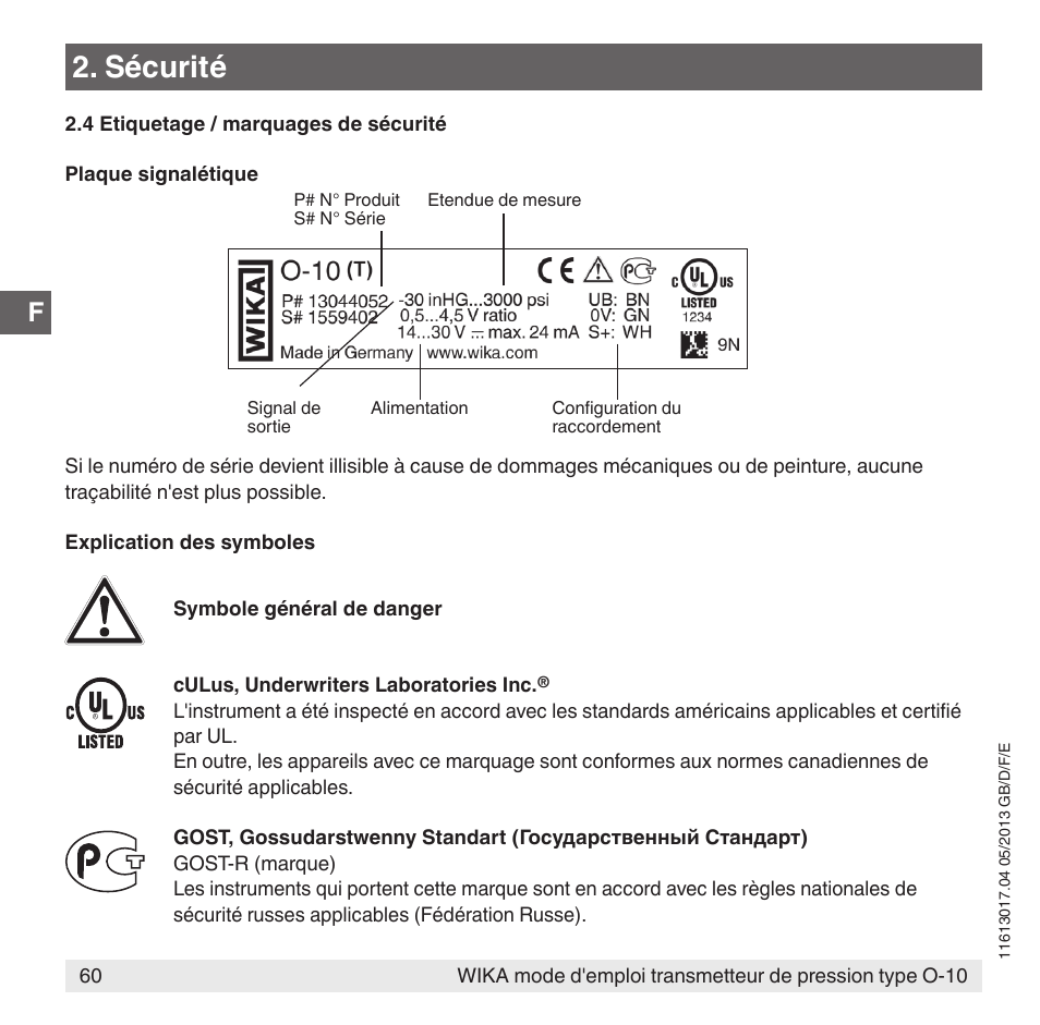 Sécurité | WIKA O-10 User Manual | Page 60 / 108