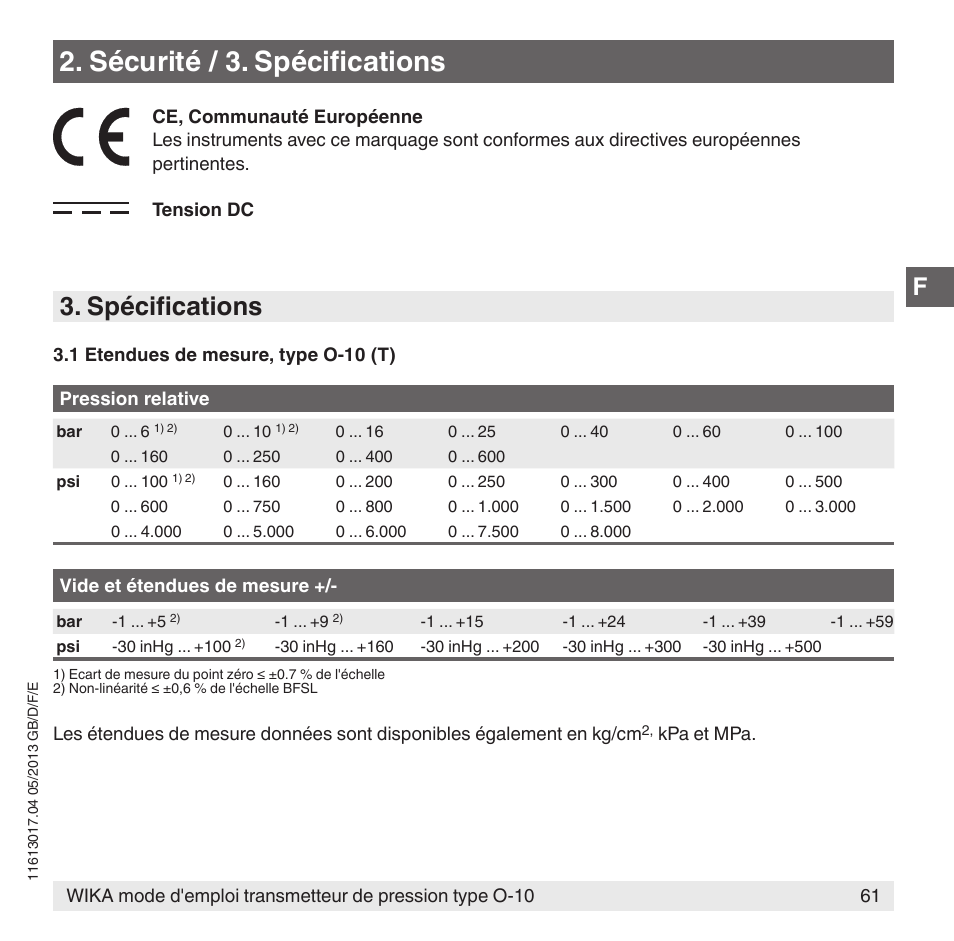 Sécurité / 3. spécifications, Spécifications | WIKA O-10 User Manual | Page 61 / 108