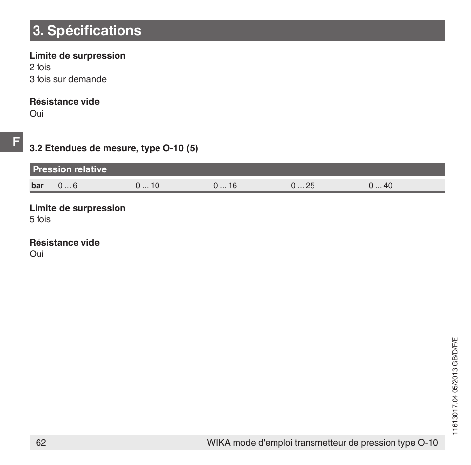 Spécifications | WIKA O-10 User Manual | Page 62 / 108