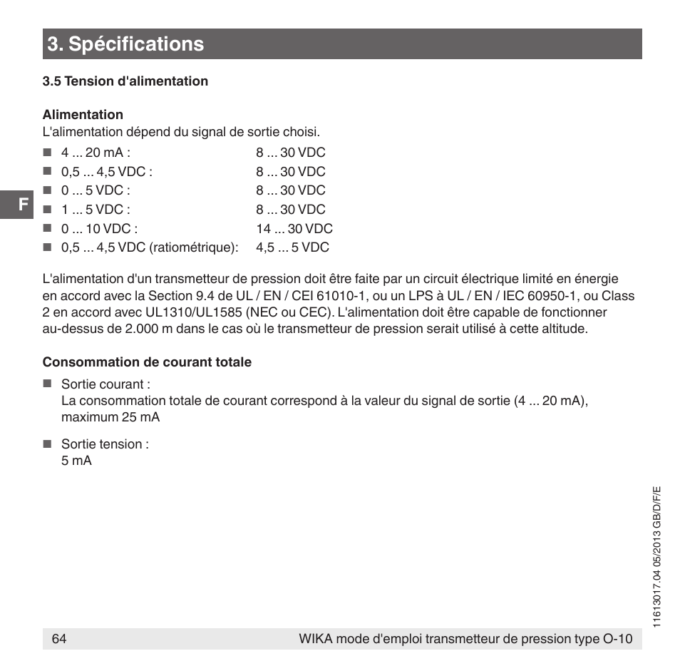 Spécifications | WIKA O-10 User Manual | Page 64 / 108