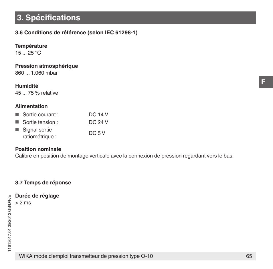 Spécifications | WIKA O-10 User Manual | Page 65 / 108