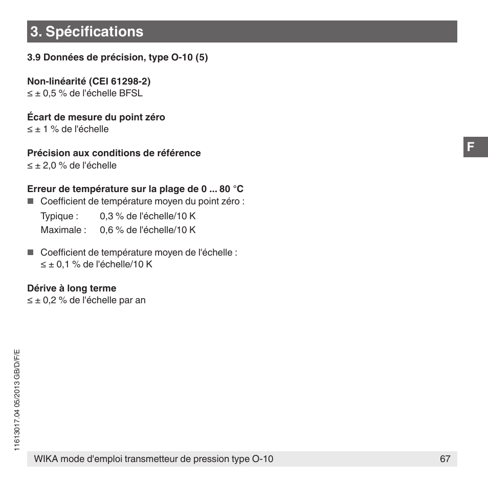 Spécifications | WIKA O-10 User Manual | Page 67 / 108